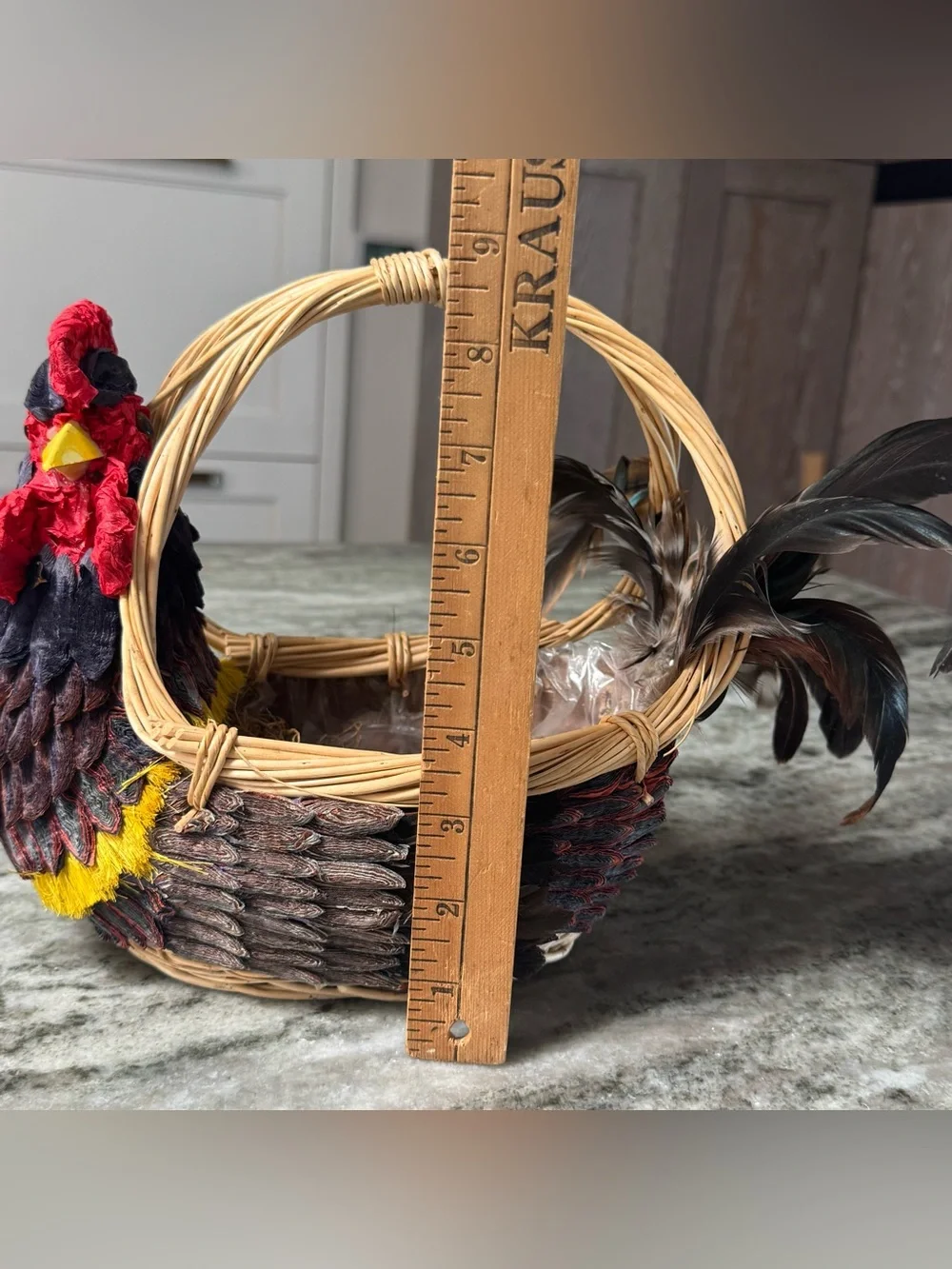 Vintage Handcrafted Rooster Wicker Basket Centerpiece Feather Country Farmhouse